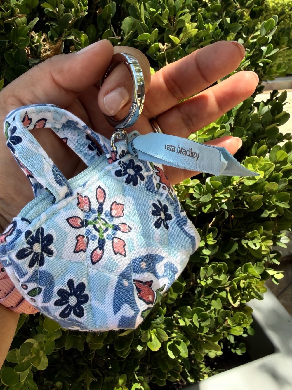 Vera Bradley Quilted Mini Tote Keychain in Light Blue, Pink and Navy - Picture 2 of 5